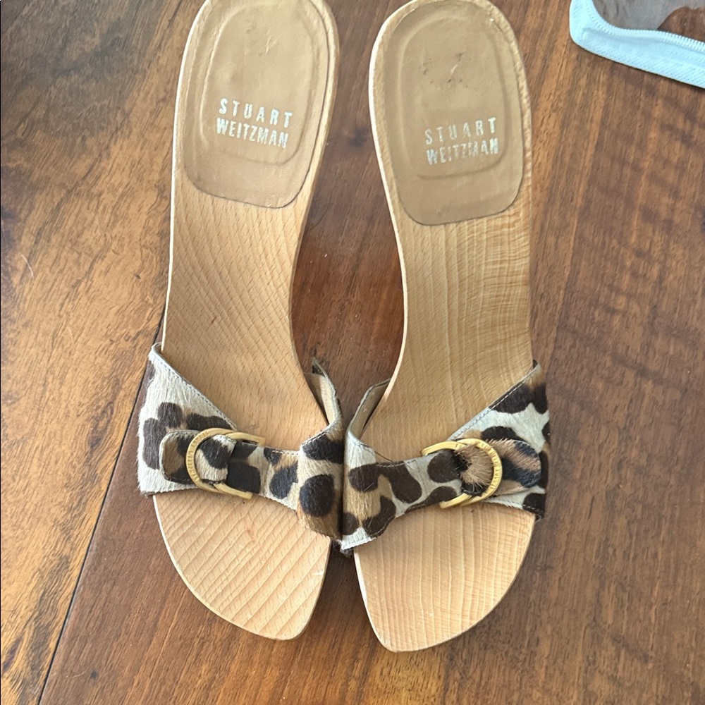 Stuart Weitzman Animal Print Sandals with Gold Accent